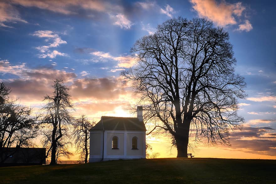 Sunset, Clouds, Chapel, Tree, March, Dusk, Landscape, christianity, religion, architecture, rural scene