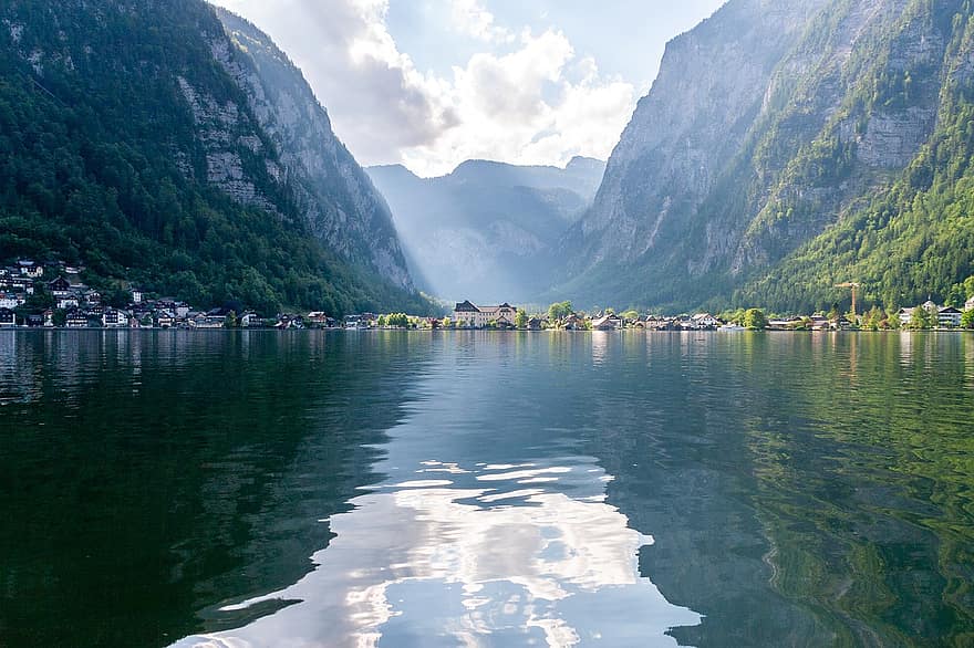 湖、山岳、ハルシュタット、オーストリア、タウン、村、水、反射、自然