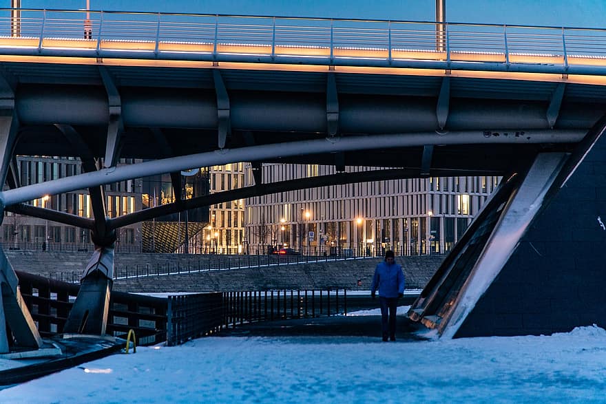 Stadt, Brücke, Winter, Abend, Schnee, kalt, Beleuchtung, die Architektur, städtisch, draußen, Nacht-