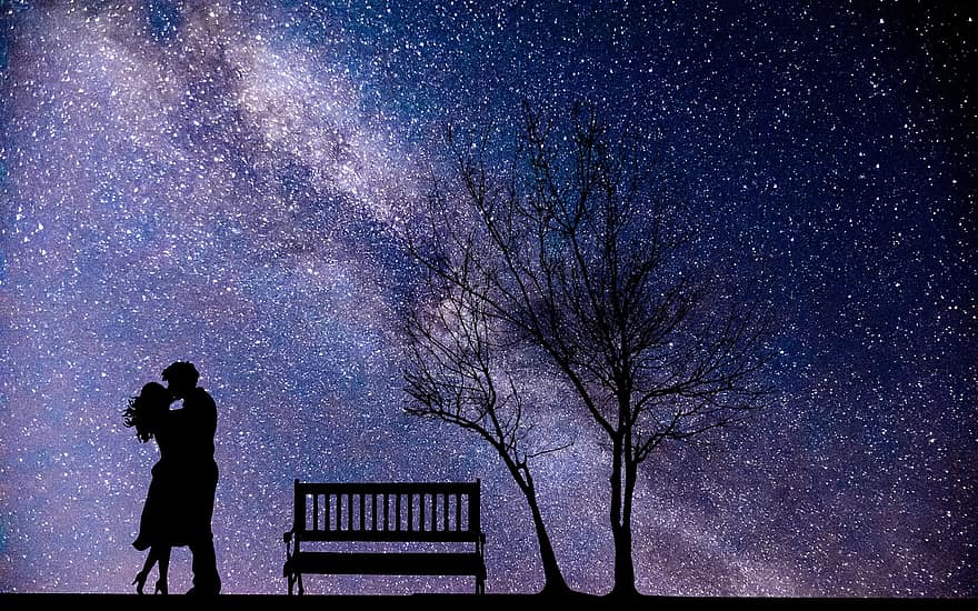 bầu trời, ngôi sao, không gian, ngân hà, đêm, vũ trụ, cặp đôi, lãng mạn, Băng ghế, cây