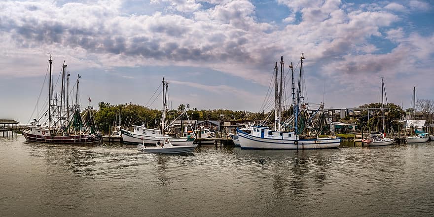 Shrimps-Boote, Hafen, Bucht, niedriges Land, Wasser, South Carolina, Landschaft