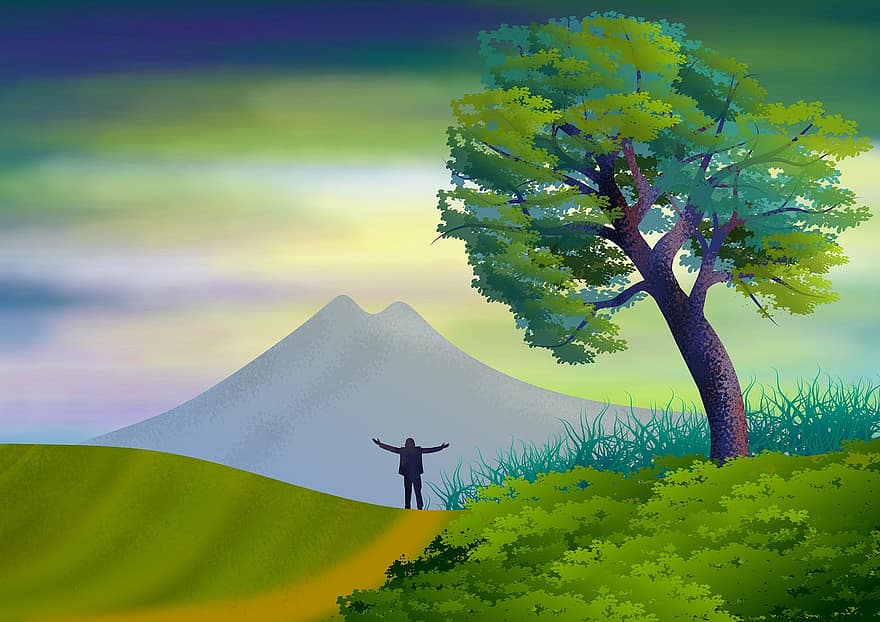 пейзаж, иллюстрация, горизонт, природа, фон, обои на стену, небо, облака, деревья, холмы, Prado