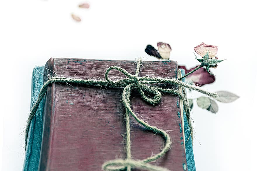 llibres, corda, vell, vintage, nudós, lligat, flor seca, flor premsada, herbari, marcador, tapa de llibre