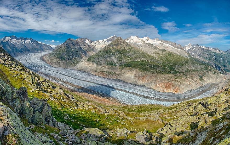 montagne, ghiacciaio, fiume, alpino, escursioni a piedi, ghiacciaio aletsch, vallese, aletsch, panorama alpino, alto, natura