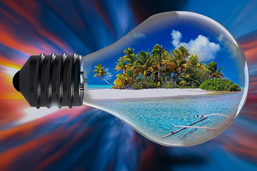 Island In A Light Bulb, Island, Tropical, Beach, Sea, Ocean, Travel, Sand, Paradise, Vacation, Summer