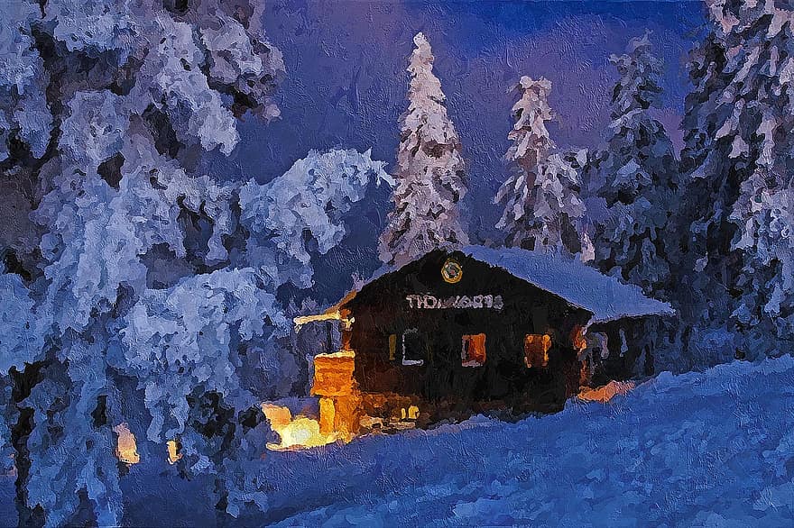 kabina, drzewa, Góra, las, zimowy, Ratuj chatę, śnieg, zimno, pora roku, alpejski, na dworze