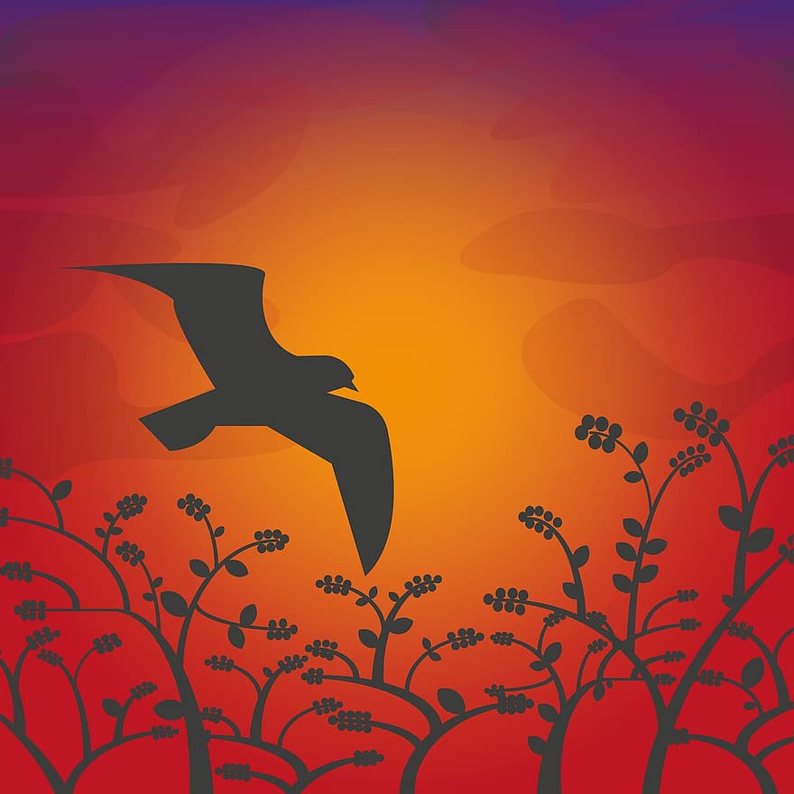 fugl, silhouette, bær, trær, vinger, solnedgang, soloppgang, flygning, illustrasjon, vektor, bakgrunn