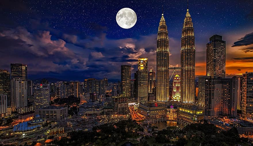 เมือง, สิ่งปลูกสร้าง, ดวงจันทร์, พระจันทร์เต็มดวง, แสงจันทร์, ตึกระฟ้า, เส้นขอบฟ้า, อาคาร, ส่องสว่าง, แสงไฟของเมือง, cityscape