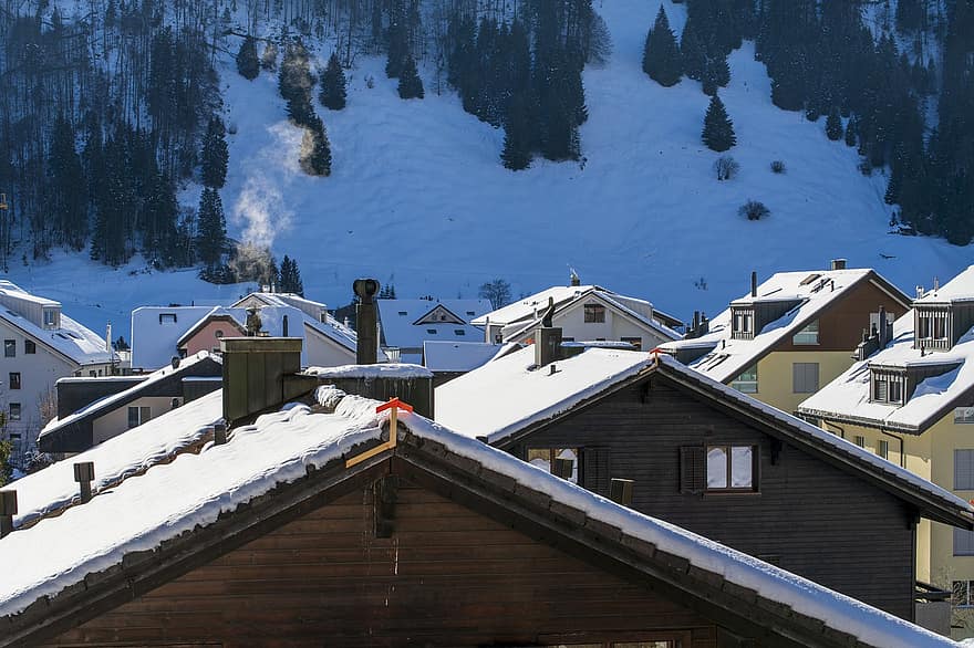 Houses, Village, Winter, Snow, Town, Mountain, Buildings, Architecture, Engelberg