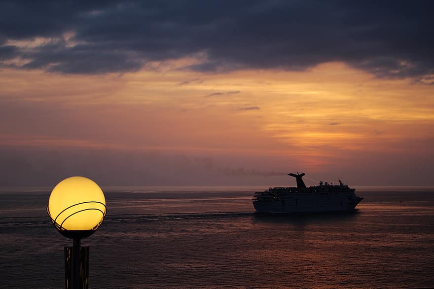 navio, mar, lanterna, por do sol, crepúsculo, luz de fundo, silhueta, navio de passageiros, Cruzeiro, cruzeiro, vista do mar