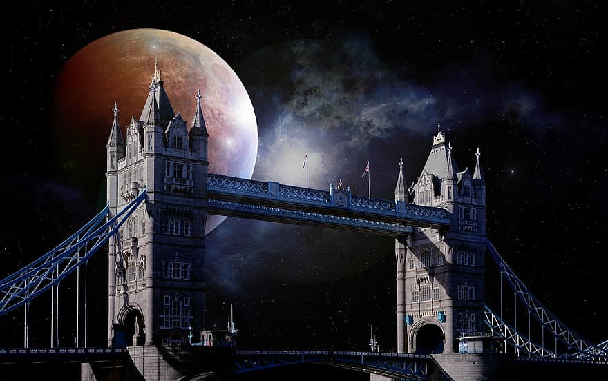 torenbrug, Londen, Engeland, brexit, wolken, hemel, telelens, nacht, luna, volle maan, maanlicht