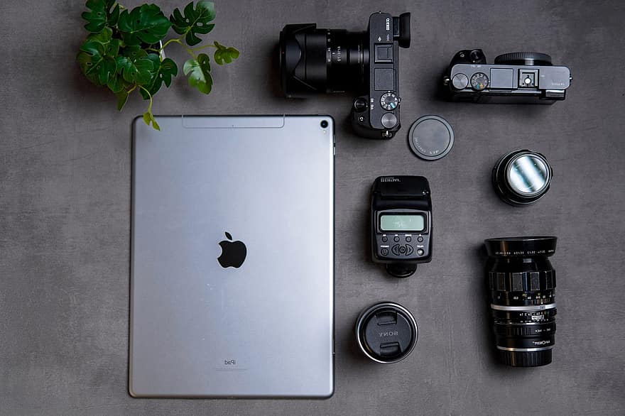 카메라, ipad, 평평한 평지, 플래시, 렌즈, DSLR 카메라, 사과, 사진술, 작업 공간, 책상
