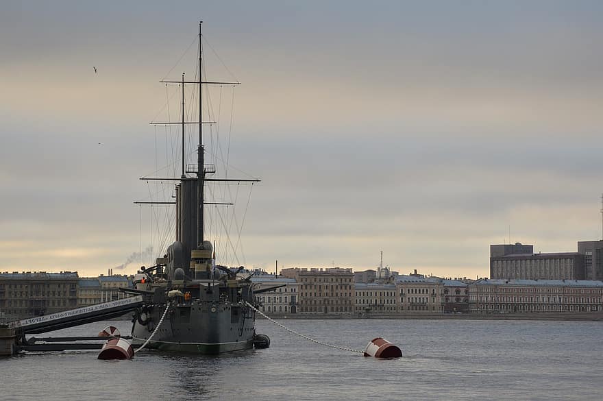 navio, encouraçado, aurora cruzador, porta, rio, costa, São Petersburgo, Rússia
