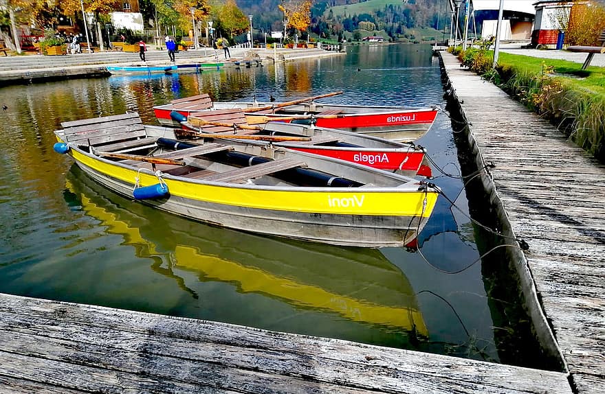 bote, bote de remos, lago, viaje, barco náutico, madera, agua, embarcadero, remo, amarillo, multi color