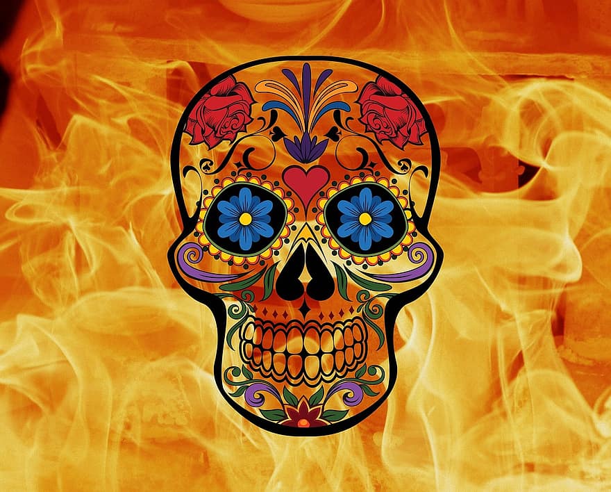 Skull And Crossbones, Fire, Flame, Weird, Skull, Bone, Death, Surreal, Colorful