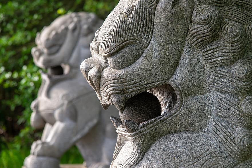 Kinija, akmens figūra, liūtas, sargas liūtas, skulptūra, gyvūnas, statula, kultūros, religija, architektūra, žinoma vieta