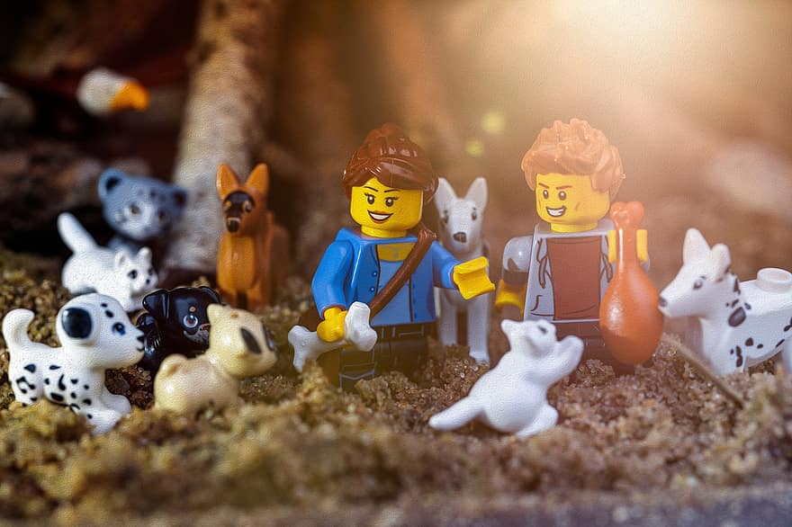 Lego, hond, voeden, speelgoed-, kinderjaren, klein, huisdieren, schattig, achtergronden, kind, familie