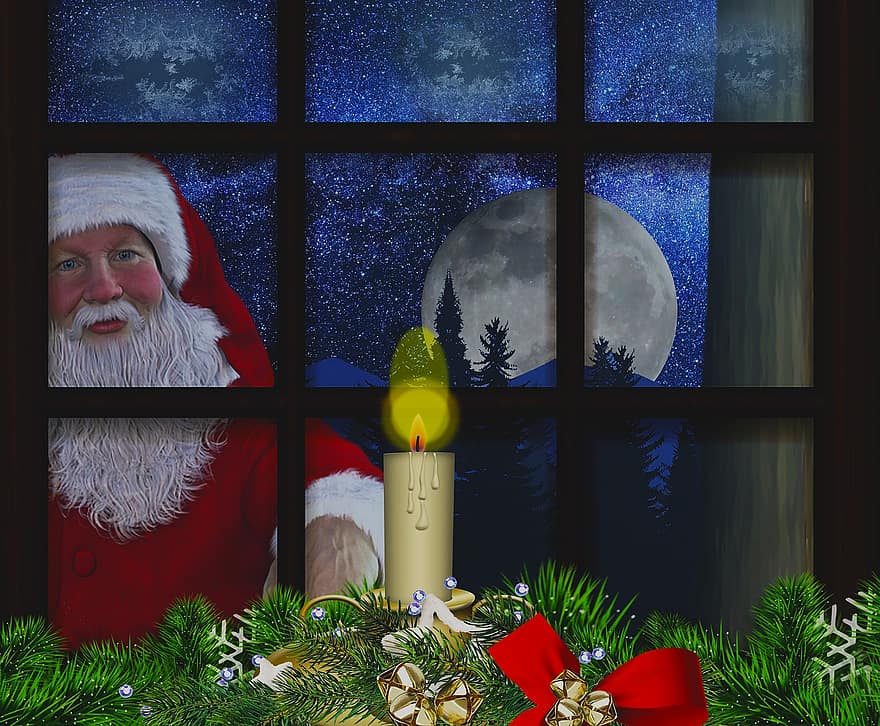 санта, вікно, свічка, Санта Клаус, місяць, різдвяні прикраси, прикраси, Різдво