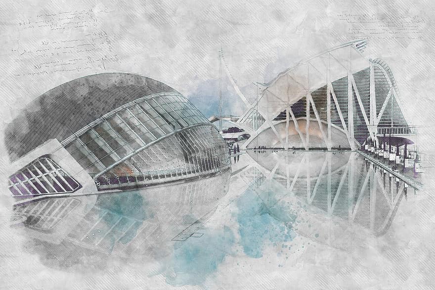 архітектура, Валенсія, міська наука, наук, мистецтв, калатрава, структура, орієнтир, сучасний, перспектива, будівлі