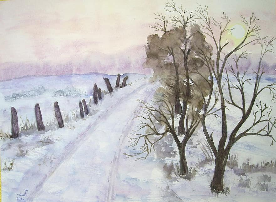 musim dingin, jauh, pohon, pemandangan, lukisan, gambar, seni, cat, warna, artistik, lukisan gambar