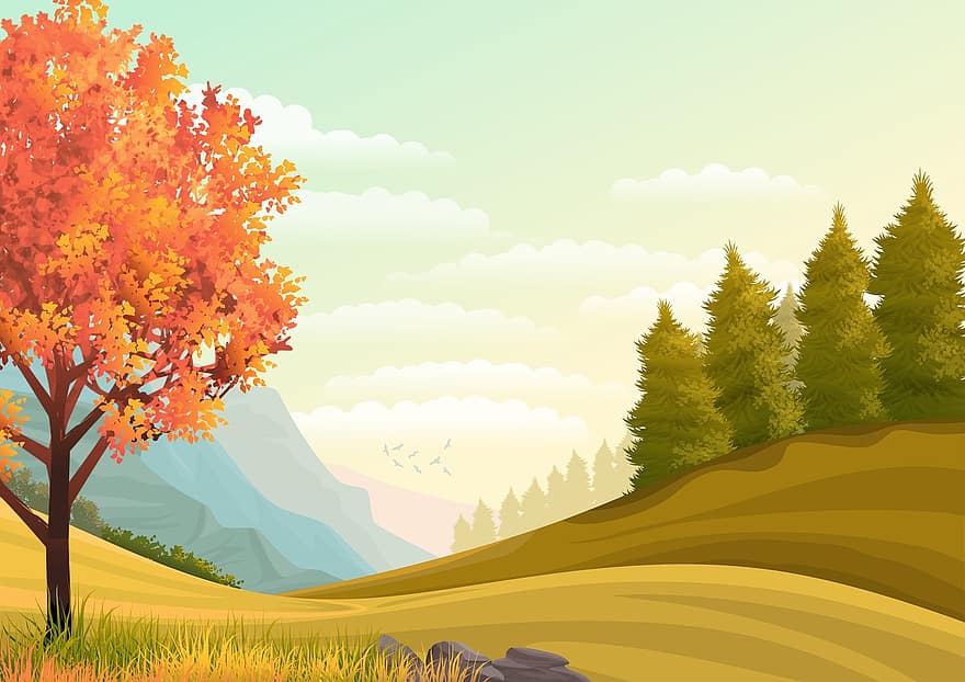 fona, ilustrācija, tapetes, ainavu, raksturs, kalns, koki, priede, ceļš, skatuvisks, rudenī