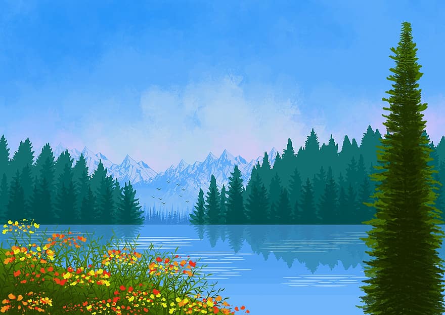 Trees, Lake, Nature, Forest, Flowers, Mountain, Scenery, Spring, Background, Drawing, landscape