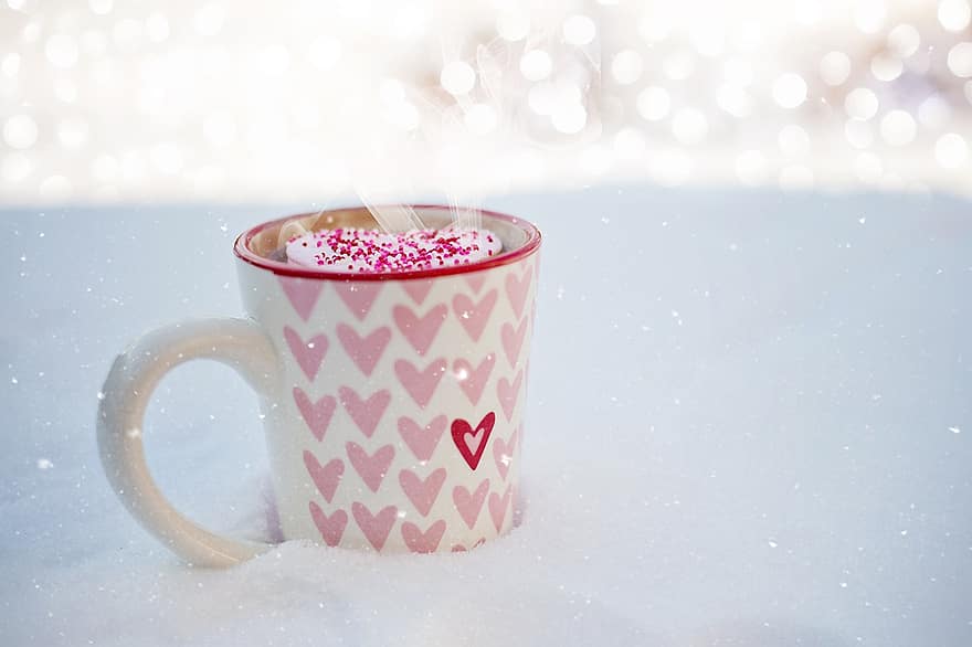 день святого Валентина, кохання, романтика, чашка, Валентина, серця, гарячий шоколад, кухоль, гаряче какао, сніг