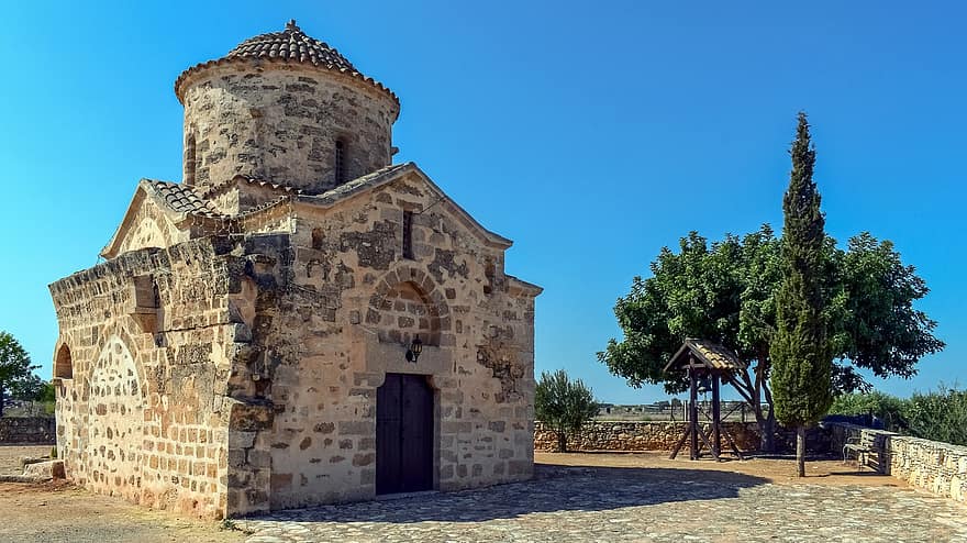 biserică, arhitectură, faţadă, prelucrare a pietrei, pereti de piatra, zidărie, cărămizi, cipru, vrysoules, ayios georgios acheritou, ortodox