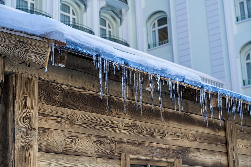 House, Ice Dam, Winter, Snow, Roof, Icicles, Ice, Building, Architecture, Engelberg