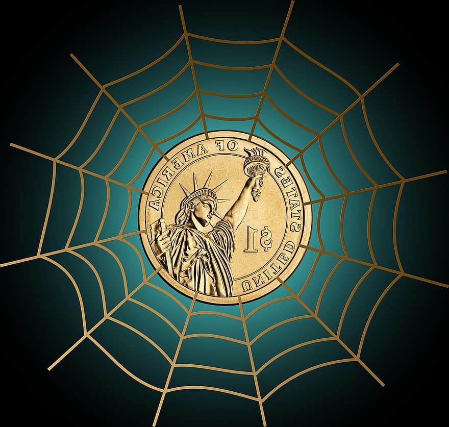 ドル、通貨、お金、クモの巣、ネットワーク、米ドル、コイン、自由の女神、ファイナンス、ドル記号、資金