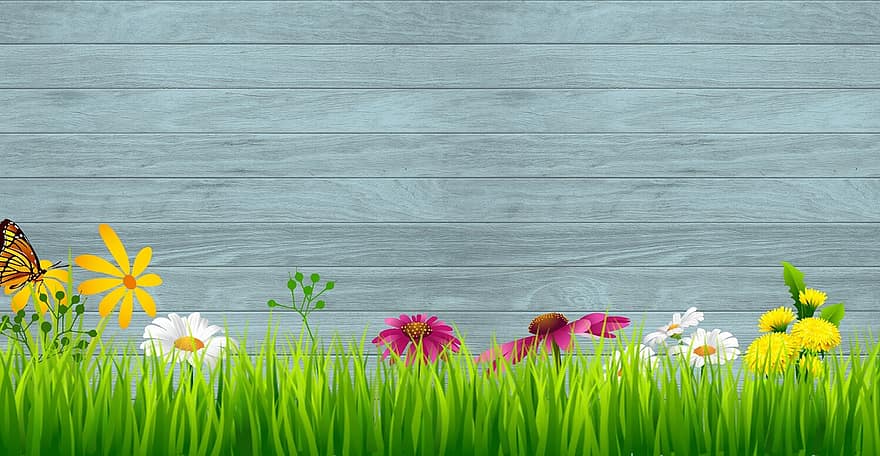خلفية الربيع ، ورق الجدران ، فراشة ، عشب اخضر ، زهور ، زهري ، عيد الفصح ، خشب الحظيرة ، خشب ، ريفي ، طبيعة