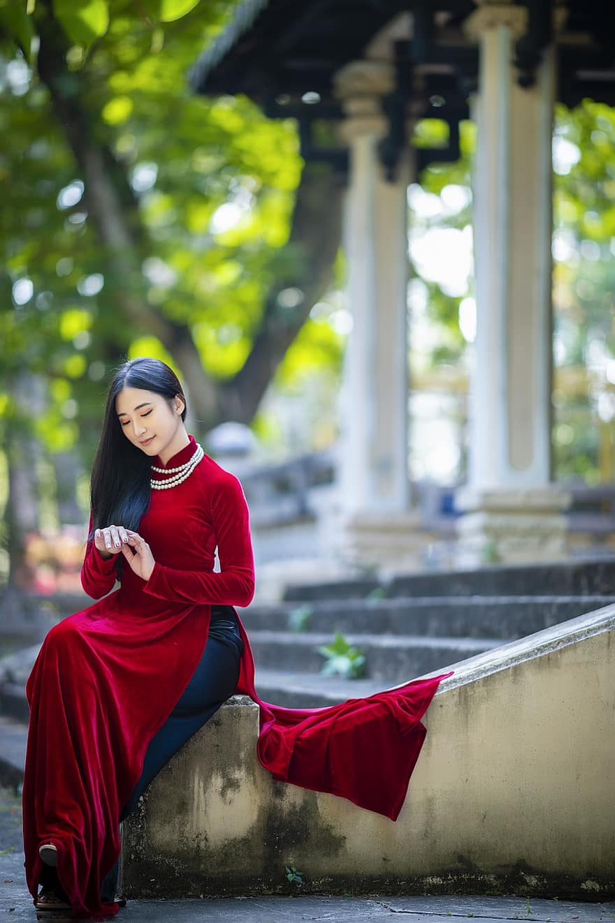 ао дай, мода, женщина, вьетнамский, Красный Ао Дай, Вьетнамское национальное платье, традиционный, платье, красота, прекрасный, хорошенький