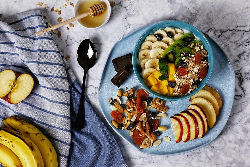buah, sereal, mangkuk, pisang, sarapan, makanan, diet, havermut, makan, nutrisi, segar