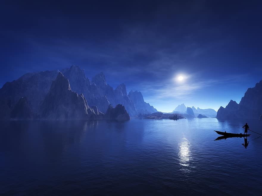 naktis, ežeras, kalnas, pobūdį, jūros, mėnulis, fonas, vanduo, kraštovaizdį, mėlyna, laivas