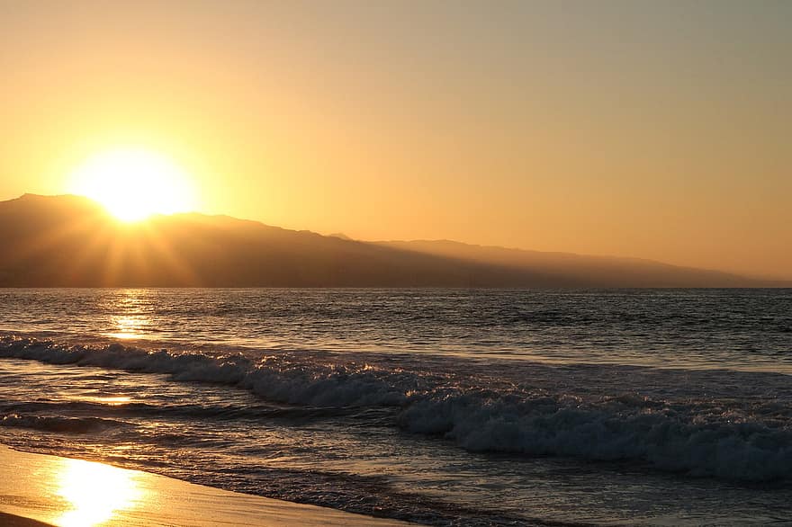 valtameri, meri, auringonlasku, hiekka, ilta, ranta, los angeles, Santa Monica, luonto, taivas, pilvetön