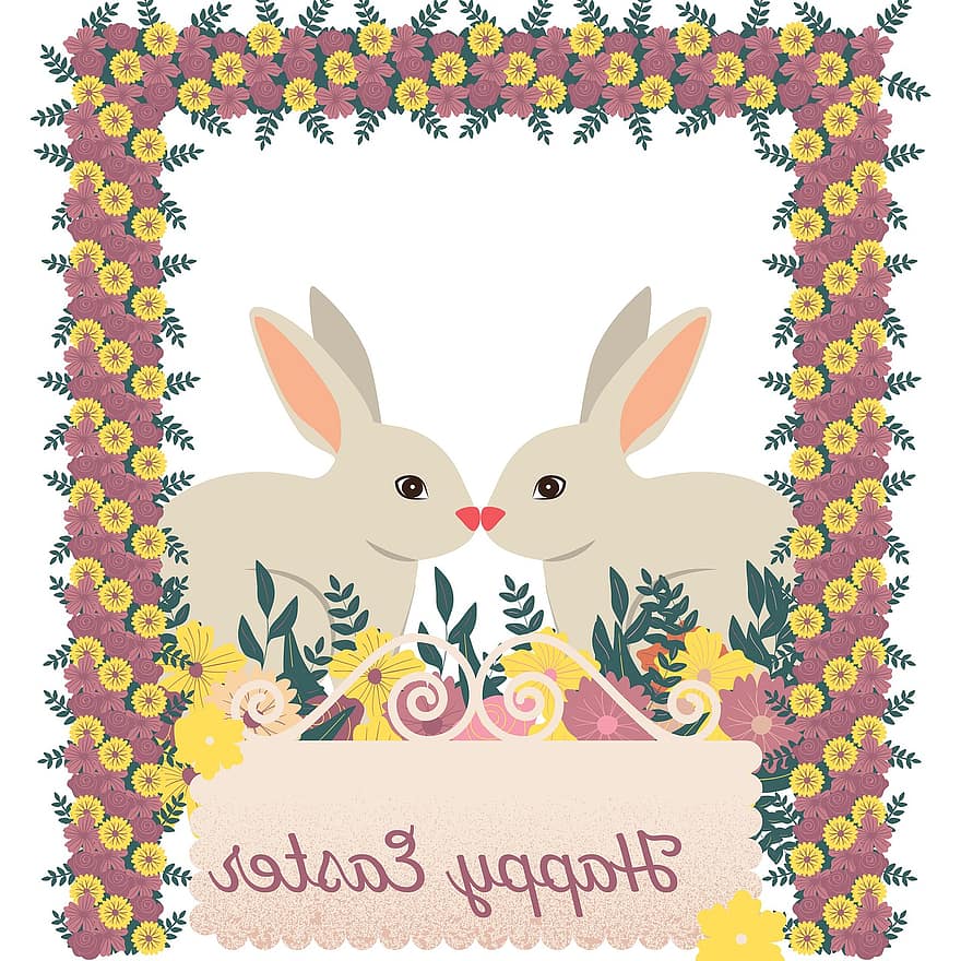 hyvää pääsiäistä, puput, onnittelukortti, kanit, eläimet, kehys, ornamentti, koriste