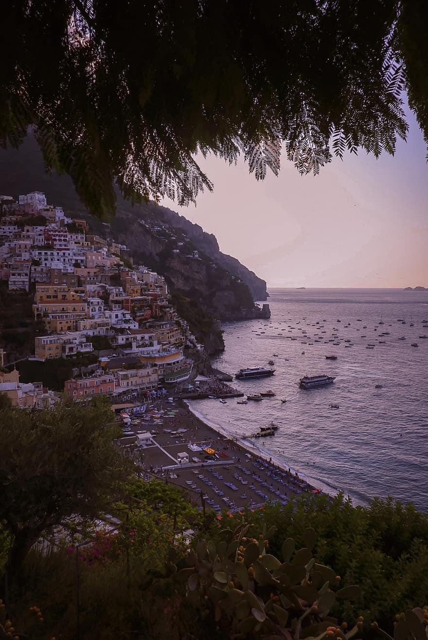 Positano, tenger, Olaszország, amalfi-part, napnyugta, Európa, falu, tengerpart, víz, utazás, nyári