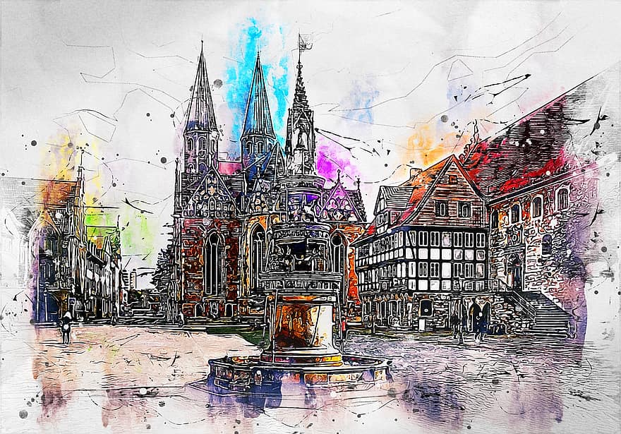 brunswick, město, akvarelu, Dolní Sasko, kostel, architektura, mezník, digitální manipulace, slavné místo, starý, exteriér budovy
