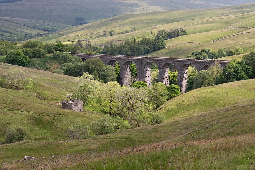 ferrocarril, Valle, Viaducto de cabeza de abolladura, valles de yorkshire, campo, viaducto, escénico