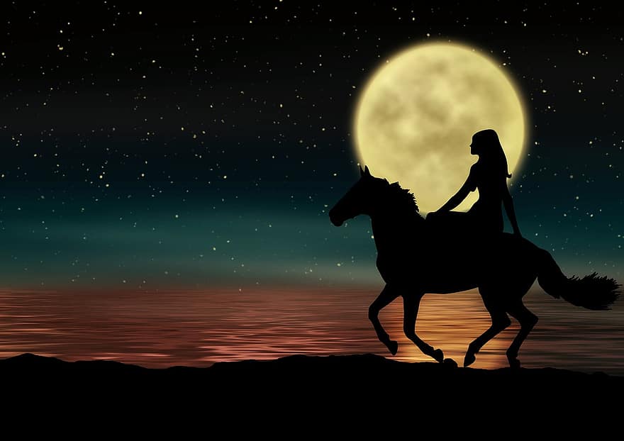 star, ay, at, binici kadın, okyanus, gece, Ay ışığı, yıldızlı gökyüzü, fantezi, siluet, duygu
