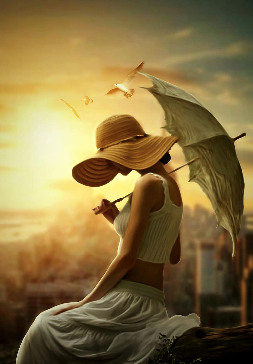 femme, seul, crépuscule, parapluie, chapeau, femelle, fille, séance, des oiseaux, triste, tristesse