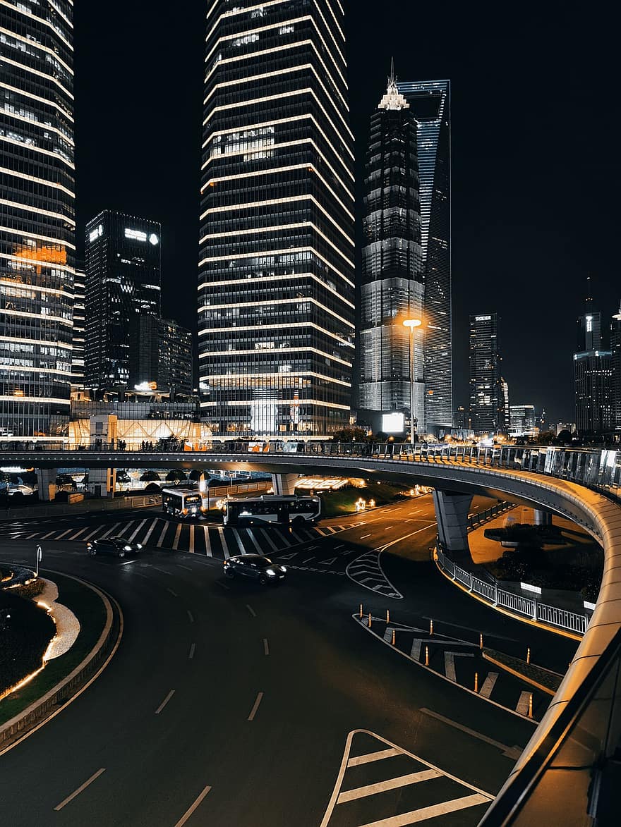 malam, kota, bangunan, shanghai, jalan, jalan raya, lalu lintas, mobil, Cityscape, pencakar langit, angkutan