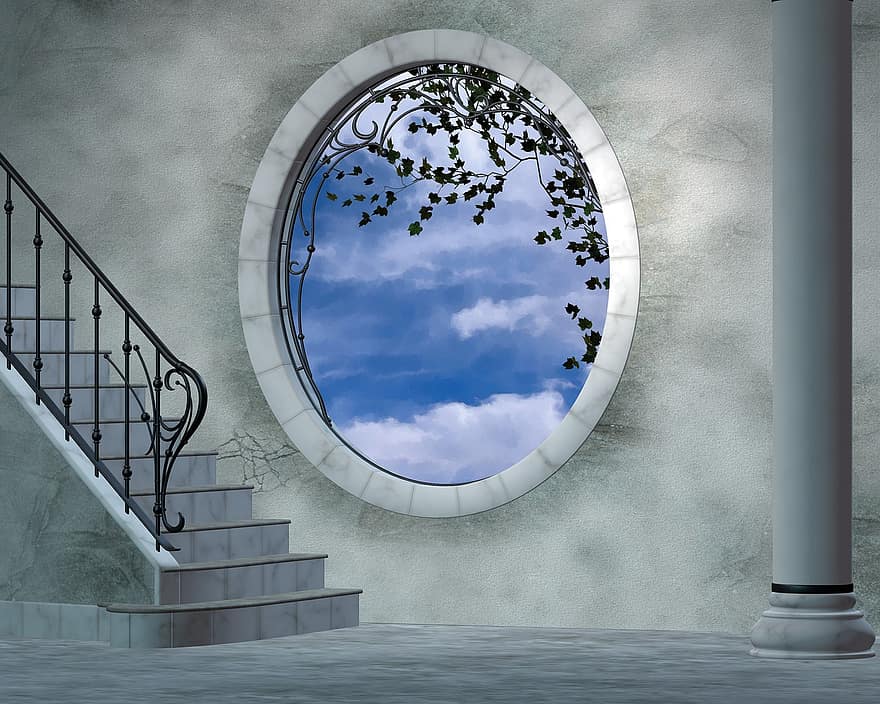 कक्ष, अंडाकार खिड़की, सीढ़ियों, डिजिटल पृष्ठभूमि, आंतरिक, खिड़की, 3 डी, घर के अंदर, ग्रे कमरा