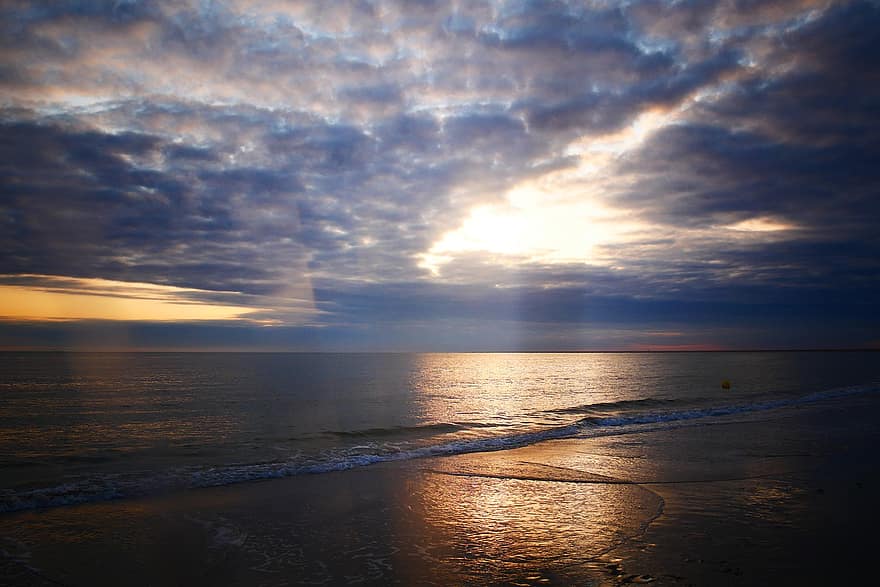 moře, západ slunce, večer, Severní moře, pláž, soumrak, horizont, voda, letní, modrý, mrak