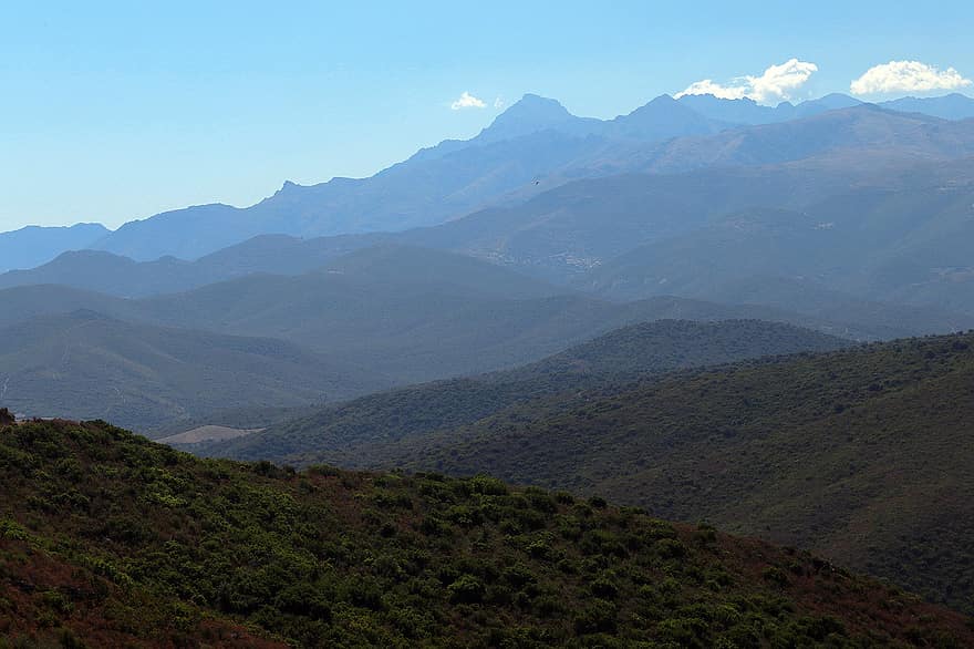 hory, horizont, pohoří, hornatý, les, volně žijících živočichů, divočina, stromy, Korsika, krajina