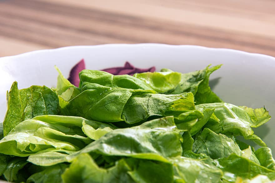 salát, listy, listový salát, miska, zelenina, vegetariánský, zdravý, stůl, dřevěný, jídlo, drsný