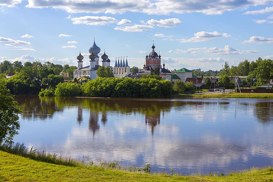 église, rivière, Monastère de la Dormition, Tikhvin, Tikhvinka, vieux, religion, architecture