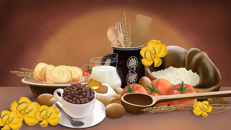 un pan, arroz, los tomates, huevos, granos de café, las flores, trigo, mesa, ingredientes, comida