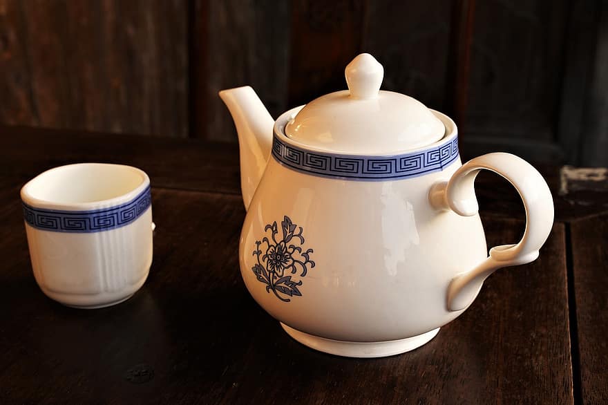 pot, théière, tasse, porcelaine, tasse à thé