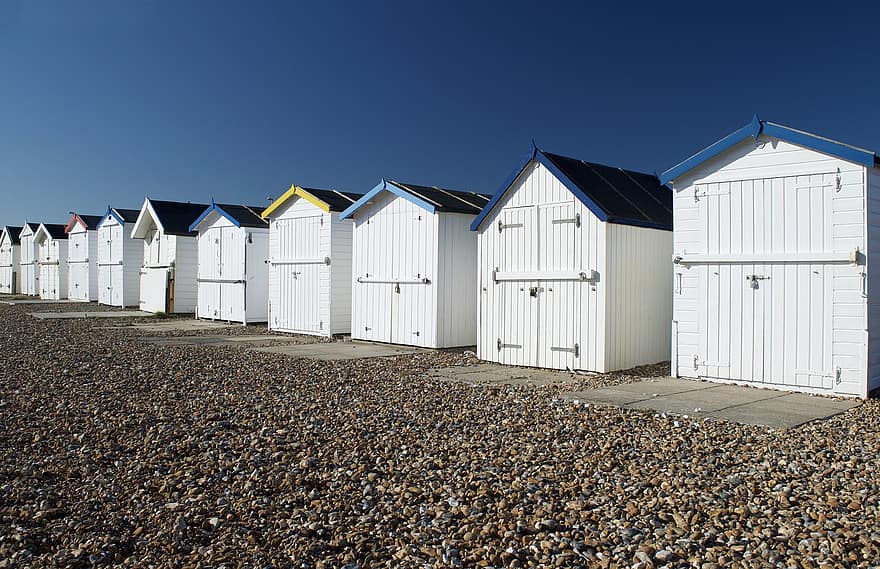 casetas de playa, playa, guijarros, Sussex, Inglaterra, vale la pena